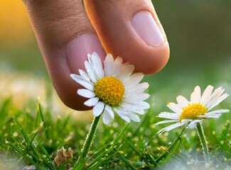 Touching daisy flower with hand closeup photography. Nature Lover Concept.