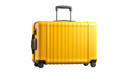 big yellow travel suitcase, png file of isolated cutout object with shadow on transparent background.