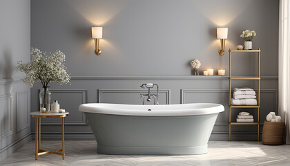 Fototapeta na wymiar Modern, elegant apartment with clean, comfortable bathroom and luxurious bathtub generated by AI