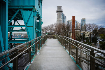 Williamsburg City Architectural Landscape over the boardwalk at Grand Ferry Park in Brooklyn, New...