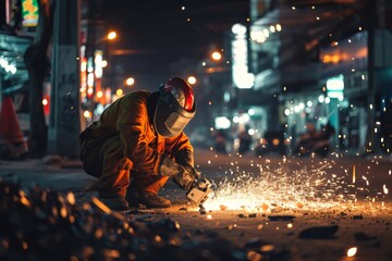 A worker on the street is repairing a hatch. Hot sparks fly into the air from the saw on the metal - obrazy, fototapety, plakaty