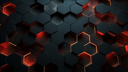 Abstract Black Wallpaper, Red Orange Hexagons, 3D Effects, Warm Tones, Mosaic Pattern, Contemporary Design, Geometric Abstraction