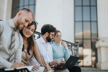 Business professionals discuss corporate strategy for market expansion in a city. They focus on...