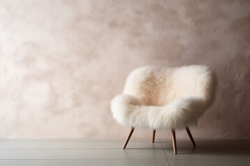 Minimalist Living Room, Fluffy Sheepskin Chair, Shaggy Rug, Venetian Stucco Wall, Copy Space, Modern Interior Design