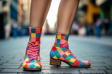 Colorful Socks with Women Shoes, Modern Puzzle Composition for Coexistence Concept