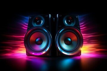 Neon Speaker Lights, Sound Waves Powerful Musical Interpretation on Black Background