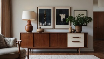 Mid-century modern wooden credenza and carefully arranged accessories in a white living room.