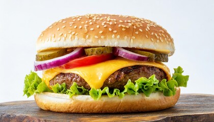 classic cheeseburger with cheddar cheese beef patty pickles onions ketchup and mustard isolated on white background