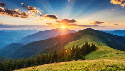 Fotobehang Mistige ochtendstond the sun sets over the mountain ranges carpathian mountains ukraine europe