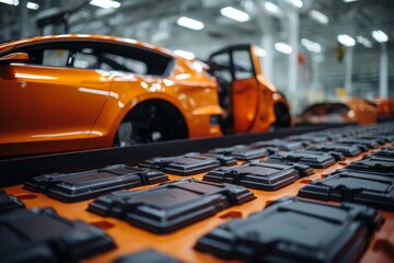 Close-up view of mass production assembly line for electric vehicle battery cells - obrazy, fototapety, plakaty