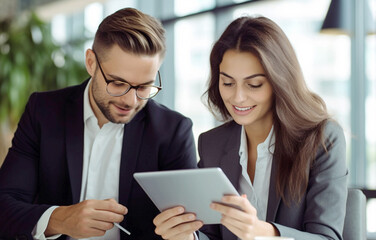 Obraz premium Efficient Workplace: Close-Up Shot of Business People Using Digital Tablet