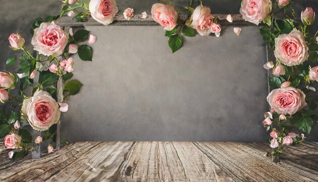 photo studio backdrop edged warm grey tones with with tiny pink roses illustration