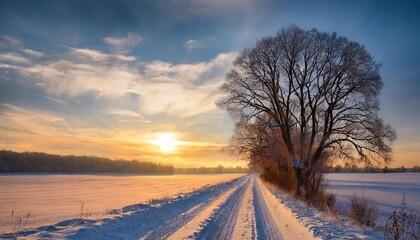 winter sunset landscape with tree and field way