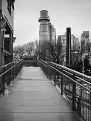 Black and White Architectural Landscape over the boardwalk at Domino Sugar Park next to Grand Ferry Park in Brooklyn, New York, USA