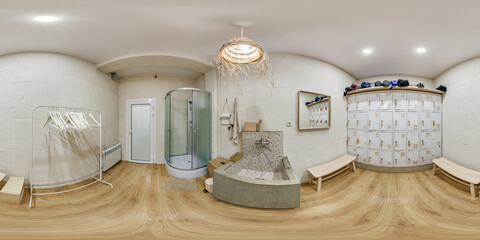 full seamless spherical hdri 360 panorama view in small locker room and wardrobe with drawers and shower in equirectangular projection, ready for VR AR virtual reality - obrazy, fototapety, plakaty