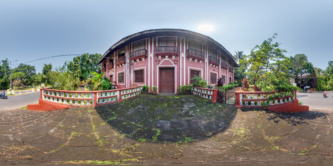 full seamless spherical hdr 360 panorama view among green street with cottages, villas and coconut...