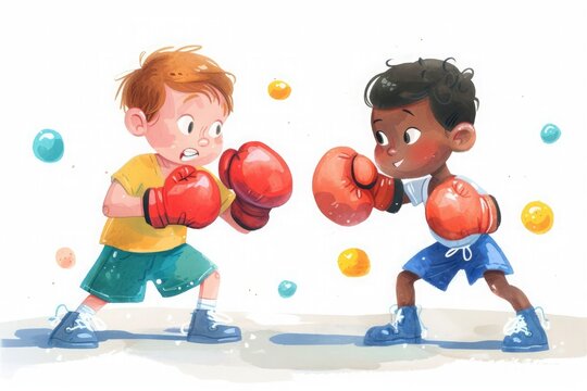 Two animated children engaging in a playful boxing match with colorful bubbles in the background.