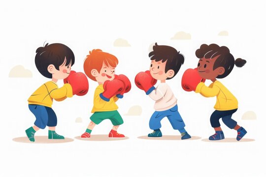 Illustrated image showing four kids engaged in a friendly boxing match under a clear sky with clouds.
