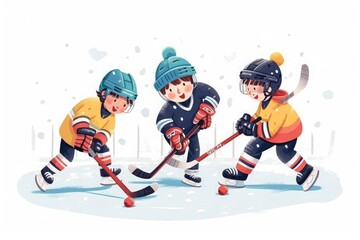 A group of cartoon kids in colorful outfits play hockey, showcasing friendly competition and team spirit