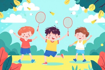 Three happy children are illustrated playing badminton in a green, lush park with joyful expressions and flying shuttlecocks