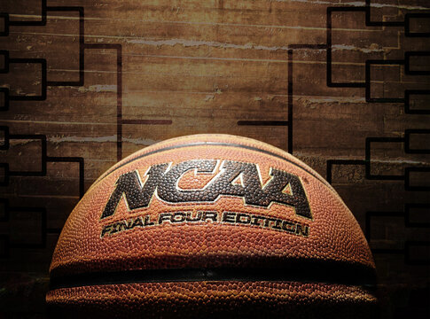 Wilmington,NC - USA - 05-07-2021: An NCAA Final Four March Madness basketball with tournament bracket