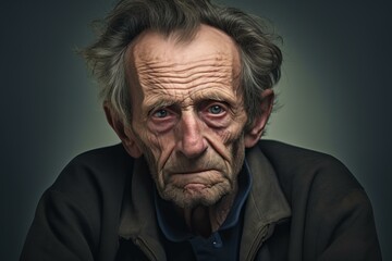 Fototapeta premium Melancholic Lonely elderly man at home. Face aged adult sad person. Generate Ai