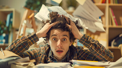 Confusion: A person scratching their head with a puzzled expression, surrounded by scattered papers and a disorganized workspace. - obrazy, fototapety, plakaty