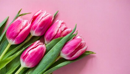 beautiful pink tulips on pastel pink background concept women s day march 8 8th march spring background flat lay top view copy space