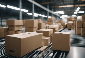 Multiple cardboard box packages moving along a conveyor belt in a warehouse