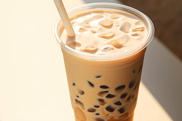 Bubble milk tea with tapioca pearls in cafe. AI generated