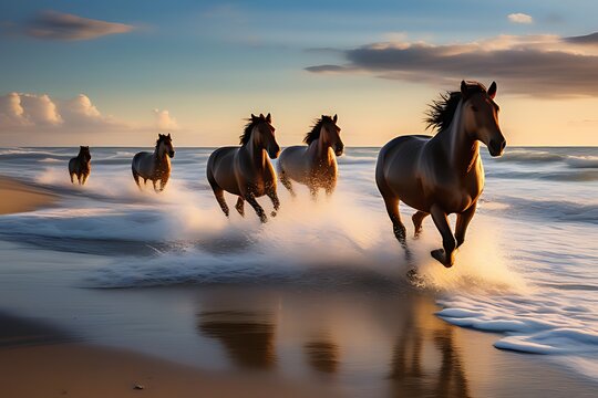 Generative ai. a group of horses running along a beach, horses in run, horses, equine photography, majestic horses, horses racing, equine photo, horse is running