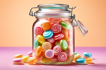 Generative ai. a glass jar filled with lots of colorful candies, large sweet jars on shelves, candy treatments, candies - obrazy, fototapety, plakaty