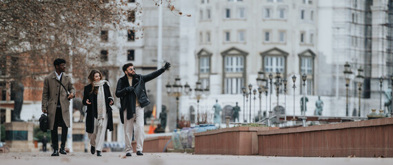 Young business professionals walking and working outdoors in urban setting.