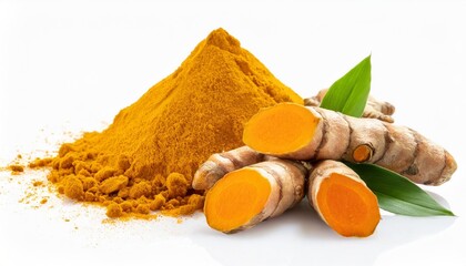 turmeric root and powder isolated on white background close up