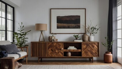 Rustic wooden cabinet with curated accessories, enhancing an empty white wall in the living room.