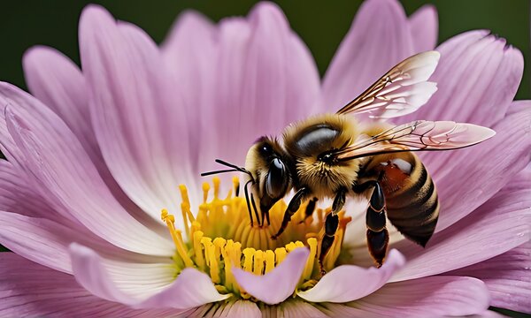 Generative ai. a bee sitting on top of a pink flower, (bee), close photo, closeup shot, closeup portrait shot