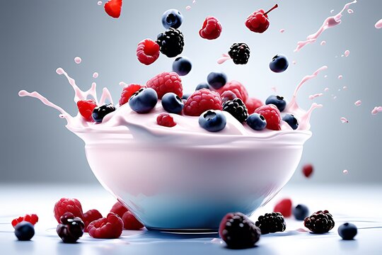 Generative ai. a bowl of yogurt topped with berries and raspberries, yogurt, amazing food photography, milk, istockphoto, photo render, berries