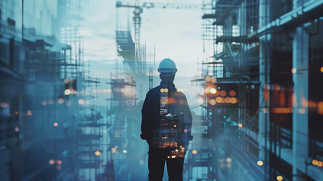 view of professional engineer manager standing concentrate focus multi exposure with building construction industry background construstion engineer concept