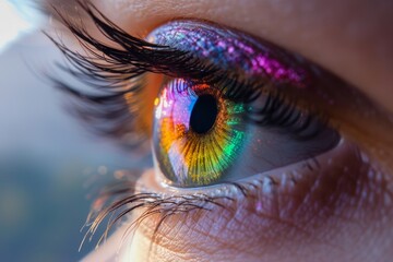 A close-up of a woman's eye with rainbow-colored glitter eyeshadow.