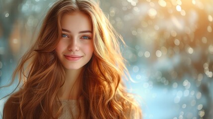 Portrait of a beautiful young woman with long red hair and blue eyes smiling at the camera