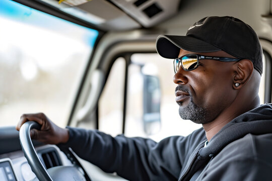 Focused african american truck driver at work