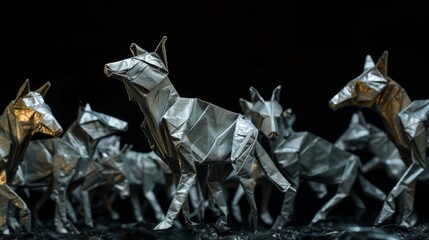 A pack of origami wolves  - obrazy, fototapety, plakaty