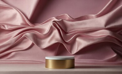 Luxury product podium for product presentation and display with flying nude color silk cloth curtain. Nature wind. Background podium for beauty, cosmetic product presentation stand. Generative AI