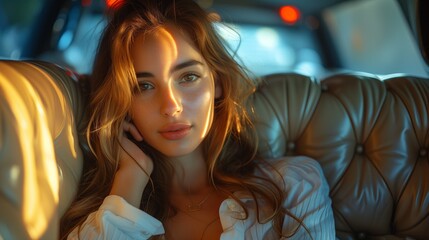 a woman is sitting in the back seat of a car talking on a cell phone