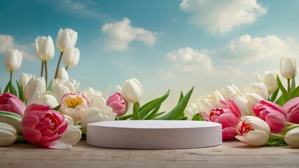 White product podium for product presentation and display with garden summer and spring flowers, tulips, floral summer background podium for cosmetic, with nature in the background. Generating AI