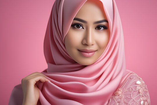 Generative ai. a beautiful young woman wearing a pink hijab, hijab, malaysian, smooth pink skin, beautiful oriental woman, beautiful arab woman, muslim, pastel pink