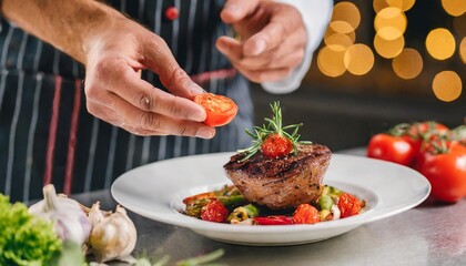 close up of gorgeous meat dish in background of blurred chef making food in professional modern kitchen and bokeh lights working concept cooks and craftsmen