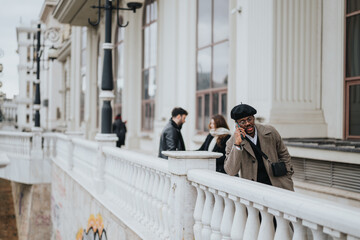 Elegantly dressed man in beret and coat speaking on mobile phone with blurred couple walking in the background on an urban street.