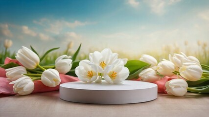 Fototapeta na wymiar Product podium for product presentation and display with garden summer and spring flowers, tulips, floral summer background podium for cosmetic, with nature in the background. Generating AI