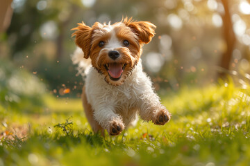 White Dog Joyfully Running in Field
